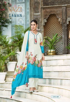 Vazi Fashion Sawan Designer Suit Pure Viscose Muslin Printed Top with Hand And Aari Work  Embellished Bottom Pant  and Printed Muslin Dupatta with Tas kurtis catalogs