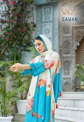 Vazi Fashion Sawan Designer Suit Pure Viscose Muslin Printed Top with Hand And Aari Work  Embellished Bottom Pant  and Printed Muslin Dupatta with Tas kurtis catalogs