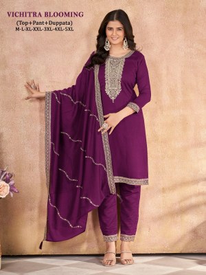 Vichitra blooming Silk Presented Heavy neck embroidered readymade suit catalogue at affordable rate readymade suit catalogs