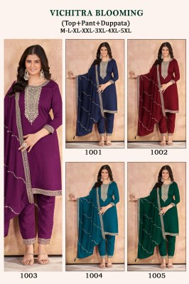 Vichitra blooming Silk Presented Heavy neck embroidered readymade suit catalogue at affordable rate readymade suit catalogs
