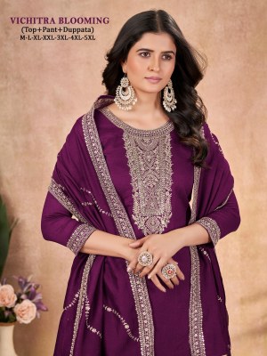 Vichitra blooming Silk Presented Heavy neck embroidered readymade suit catalogue at affordable rate readymade suit catalogs