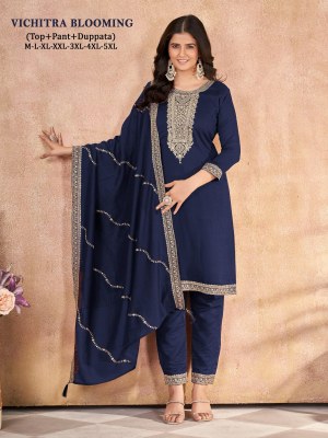Vichitra blooming Silk Presented Heavy neck embroidered readymade suit catalogue at affordable rate readymade suit catalogs