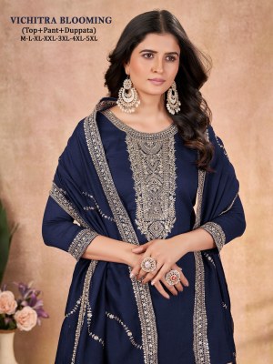 Vichitra blooming Silk Presented Heavy neck embroidered readymade suit catalogue at affordable rate readymade suit catalogs