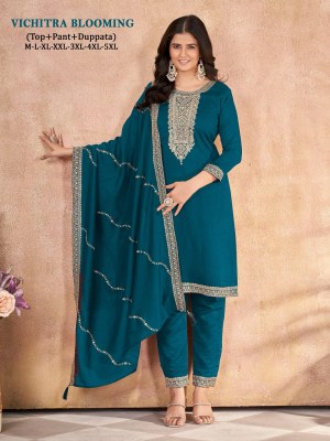 Vichitra blooming Silk Presented Heavy neck embroidered readymade suit catalogue at affordable rate readymade suit catalogs