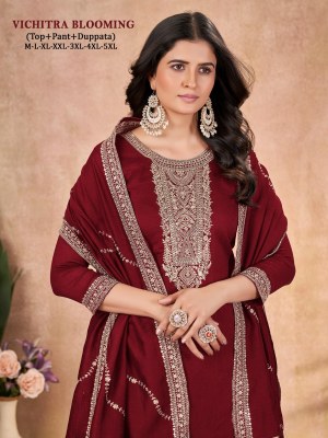 Vichitra blooming Silk Presented Heavy neck embroidered readymade suit catalogue at affordable rate readymade suit catalogs