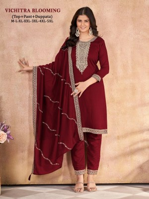 Vichitra blooming Silk Presented Heavy neck embroidered readymade suit catalogue at affordable rate readymade suit catalogs
