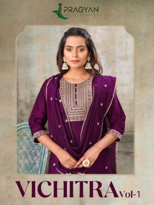 Vichitra vol 1 by Pragyan Fancy embroidered Vichitra silk Kurti pant and dupatta catalogue at affordable rate Amavi
