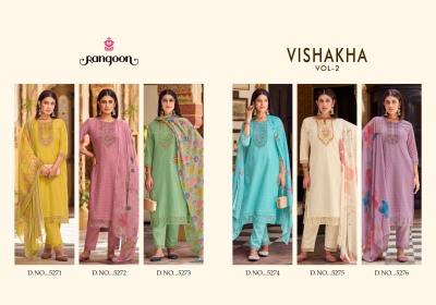 Vishakha vol 2 by Rangoon pure cotton fancy embroidered kurti pant and dupatta catalogue   readymade suit catalogs