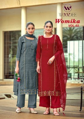 WOODEE WOMIKA Vol-2 Straight Cut Cotton Roman Silk Kurti Pant Dupatta Set 