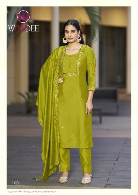 Woodee Sajani Viscose Chanderi Thead Work Readymade Catalogue Wholesale Rate readymade suit catalogs
