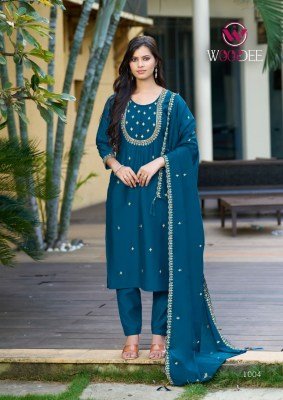 Woodee Sajani Viscose Chanderi Thead Work Readymade Catalogue Wholesale Rate readymade suit catalogs