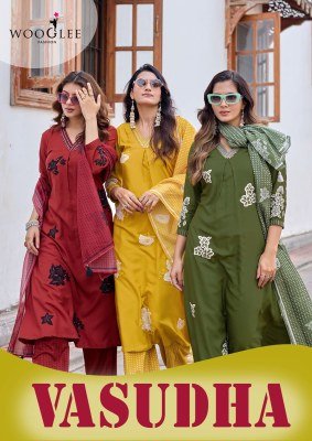 WOOGLEE Vasudha Heavy Rayon Hand & Thread Work Kurti Pant Dupatta Set 