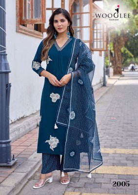 WOOGLEE Vasudha Heavy Rayon Hand & Thread Work Kurti Pant Dupatta Set kurti pant with dupatta Catalogs