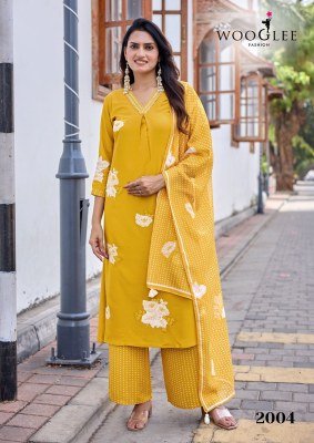 WOOGLEE Vasudha Heavy Rayon Hand & Thread Work Kurti Pant Dupatta Set kurti pant with dupatta Catalogs