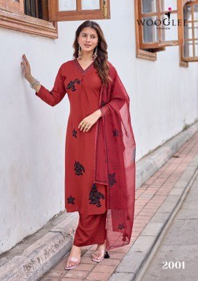 WOOGLEE Vasudha Heavy Rayon Hand & Thread Work Kurti Pant Dupatta Set kurti pant with dupatta Catalogs