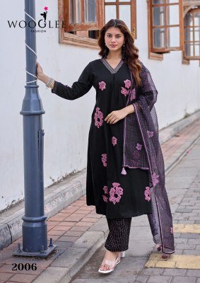 WOOGLEE Vasudha Heavy Rayon Hand & Thread Work Kurti Pant Dupatta Set kurti pant with dupatta Catalogs