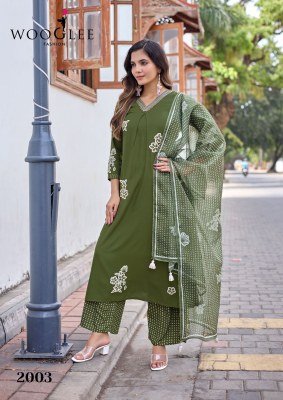 WOOGLEE Vasudha Heavy Rayon Hand & Thread Work Kurti Pant Dupatta Set kurti pant with dupatta Catalogs