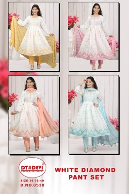 White diamond by devi roman silk printed flared kurti pant and dupatta catalogue at low rate readymade suit catalogs