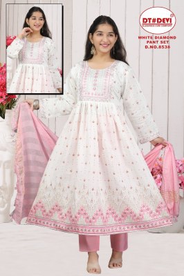 White diamond by devi roman silk printed flared kurti pant and dupatta catalogue at low rate readymade suit catalogs