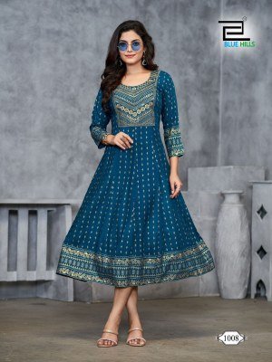 Womaniya plus vol1 by Blue hills Anarkali gown with neck embroidered kurti catalogue at affordable rate kurtis catalogs
