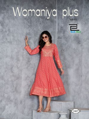 Womaniya plus vol1 by Blue hills Anarkali gown with neck embroidered kurti catalogue at affordable rate kurtis catalogs