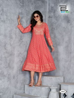 Womaniya plus vol1 by Blue hills Anarkali gown with neck embroidered kurti catalogue at affordable rate kurtis catalogs