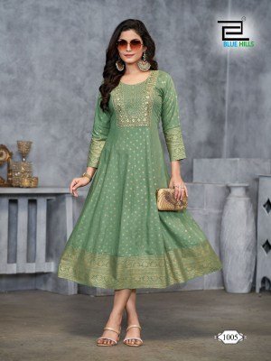 Womaniya plus vol1 by Blue hills Anarkali gown with neck embroidered kurti catalogue at affordable rate kurtis catalogs