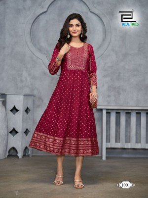 Womaniya plus vol1 by Blue hills Anarkali gown with neck embroidered kurti catalogue at affordable rate kurtis catalogs