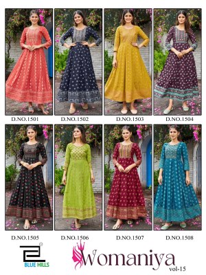 Womaniya vol 15 by blue hills reyon Anarkali embroidered gown kurti catalogue at affordable rate kurtis catalogs
