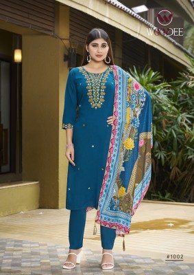 Woodee Apsara Soft Muslin Rayon Top Palazzo Premium Quality Digital Print with Hand Thread And Latkan Work Dupatta Wholesale kurtis catalogs