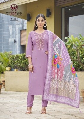 Woodee Apsara Soft Muslin Rayon Top Palazzo Premium Quality Digital Print with Hand Thread And Latkan Work Dupatta Wholesale kurtis catalogs