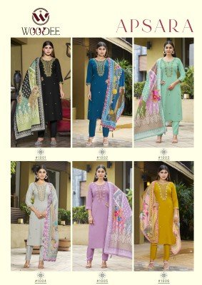 Woodee Apsara Soft Muslin Rayon Top Palazzo Premium Quality Digital Print with Hand Thread And Latkan Work Dupatta Wholesale kurtis catalogs