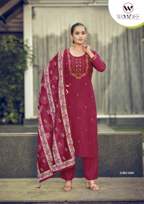 Woodee Bawree Rayon Kurti Palazzo Set with Muslin Digital Print Dupatta Fancy Palazzo suit catalogue