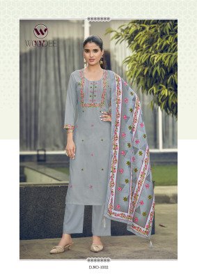 Woodee Bawree Rayon Kurti Palazzo Set with Muslin Digital Print Dupatta Fancy Palazzo suit catalogue