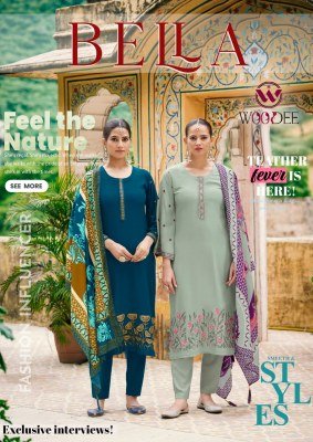 Woodee Bella Premium Rayon  Soft Muslin Digital Print Top with Thread Work  Stylish Sleeves  Palazzo Wholesale kurtis catalogs