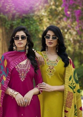 Woodee Miralee Premium Viscose Roman Silk Top And Pant with Maslin Digital Print  Sequence And Thread Work Dupatta Wholesale kurtis catalogs