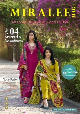 Woodee Miralee Premium Viscose Roman Silk Top And Pant with Maslin Digital Print  Sequence And Thread Work Dupatta Wholesale kurtis catalogs