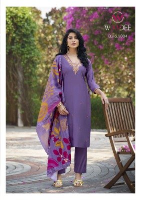 Woodee Miralee Premium Viscose Roman Silk Top And Pant with Maslin Digital Print  Sequence And Thread Work Dupatta Wholesale kurtis catalogs