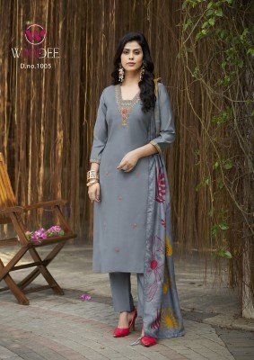 Woodee Miralee Premium Viscose Roman Silk Top And Pant with Maslin Digital Print  Sequence And Thread Work Dupatta Wholesale kurtis catalogs