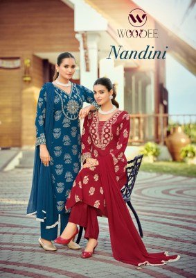 Woodee Nandini Premium Slub Rayon Emboss Print Kurti Palazzo with Nazneen Dupatta Set wholesale catalogs