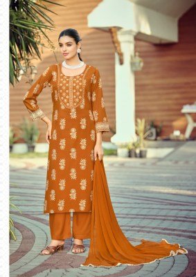 Woodee Nandini Premium Slub Rayon Emboss Print Kurti Palazzo with Nazneen Dupatta Set Fancy Palazzo suit catalogue