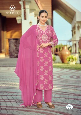 Woodee Nandini Premium Slub Rayon Emboss Print Kurti Palazzo with Nazneen Dupatta Set Fancy Palazzo suit catalogue