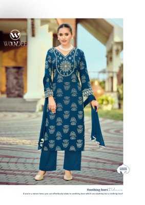 Woodee Nandini Premium Slub Rayon Emboss Print Kurti Palazzo with Nazneen Dupatta Set Fancy Palazzo suit catalogue
