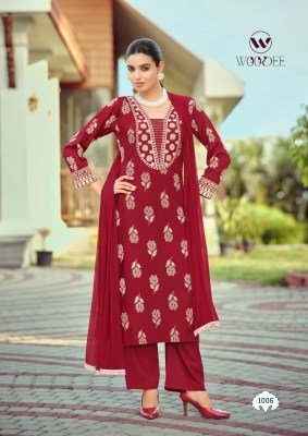 Woodee Nandini Premium Slub Rayon Emboss Print Kurti Palazzo with Nazneen Dupatta Set Fancy Palazzo suit catalogue