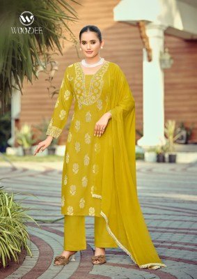 Woodee Nandini Premium Slub Rayon Emboss Print Kurti Palazzo with Nazneen Dupatta Set Fancy Palazzo suit catalogue