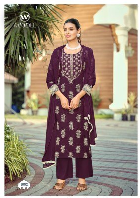 Woodee Nandini Premium Slub Rayon Emboss Print Kurti Palazzo with Nazneen Dupatta Set Fancy Palazzo suit catalogue