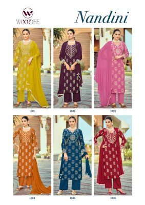 Woodee Nandini Premium Slub Rayon Emboss Print Kurti Palazzo with Nazneen Dupatta Set Fancy Palazzo suit catalogue
