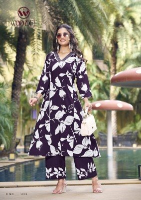 Woodee Payal Premium Heavy Rayon A Line Co-Ord Set Collection with Lace And Side Pocket Top And Bottom Wholesale co ord set catalogs