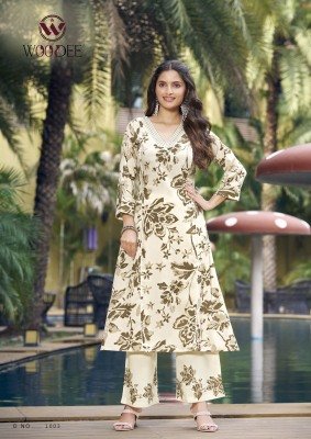 Woodee Payal Premium Heavy Rayon A Line Co-Ord Set Collection with Lace And Side Pocket Top And Bottom Wholesale co ord set catalogs