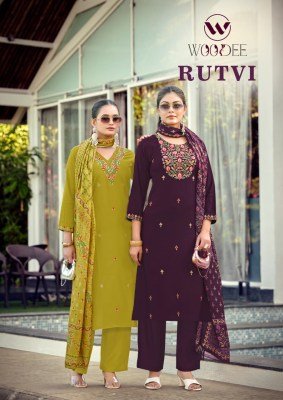 Woodee Rutvi Liva Rayon Straight Cut Kurti Plazzo with Muslin Digital Dupatta Set 
